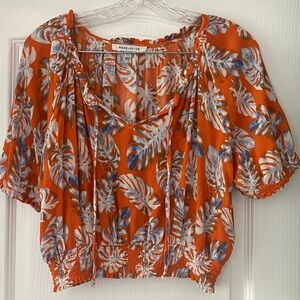 Rose & Olive Vibrant Orange Tropical Leaf Print Blouse
